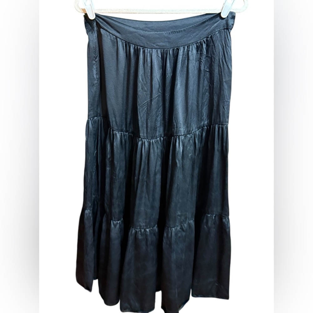 Cynthia Rowley Black Satin Silky Tiered Maxi Skirt‎ Elegant & Flowy 🖤